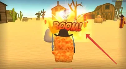 Скриншот игры: перед персонажем игрока эффект взрыва и надпись «Boom!», других надписей на скриншоте нет.