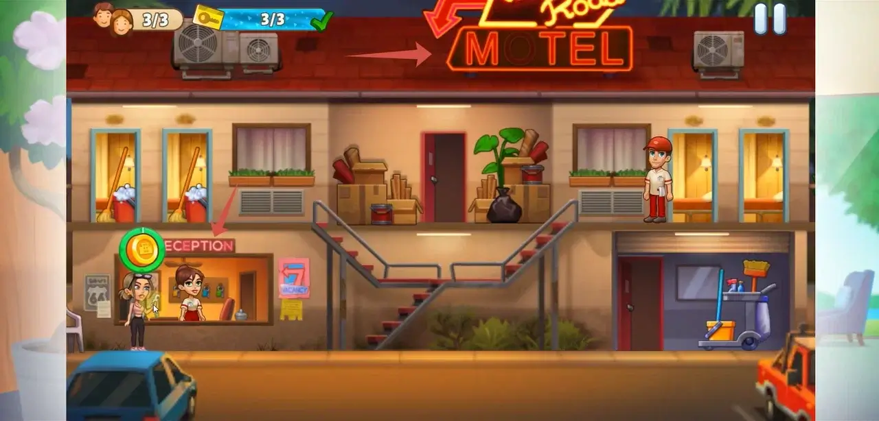 Скриншот игры: в центре изображения здание с крупной вывеской «Motel» и небольшой табличкой «Reception».