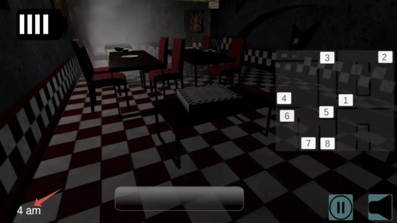 Скриншот 3D-игры: игрок находится в темном помещении, в нижнем левом углу надпись «4 am».