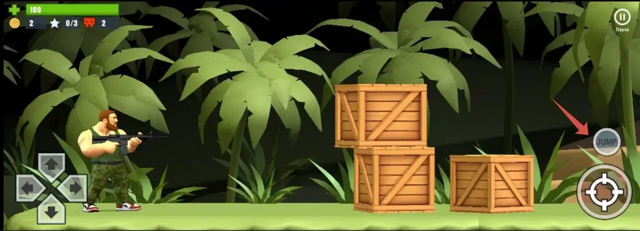Скриншот 2D-игры: справа небольшая кнопка с надписью «Jump».