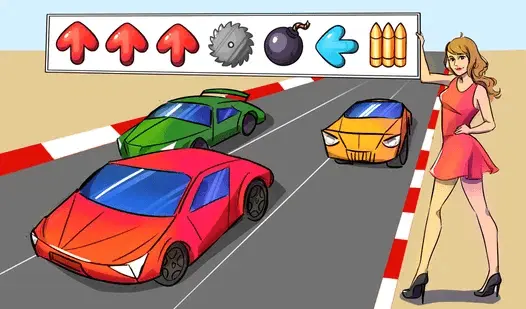 Обложка игры: возле трассы, по которой едут несколько гоночных автомобилей, стоит девушка в коротком красном платье и в черных туфлях на каблуках. Она держит длинную табличку с несколькими эмодзи.