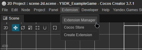 Скриншот Cocos Creator. В верхнем левом углу расположено меню с несколькими разделами: «File», «Edit», «Node», «Project», «Panel», «Extension», «Developer», «Help», «Yandex.Games SDK» и другие. Выбран раздел «Extension», в выпадающем меню указатель наведен на опцию «Extension Manager».