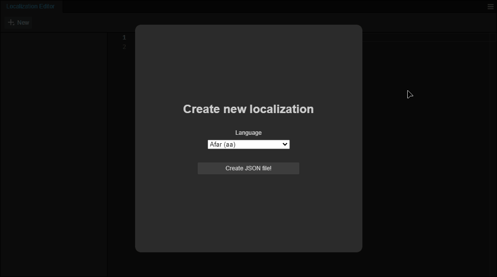 Скриншот Cocos Creator, поверх окна «Localization Editor» всплывающее окно. В центре окна текст «Create new localization», ниже заголовок «Language» и в выпадающем списке выбран язык «Afar (aa)», еще ниже кнопка «Create JSON file!»