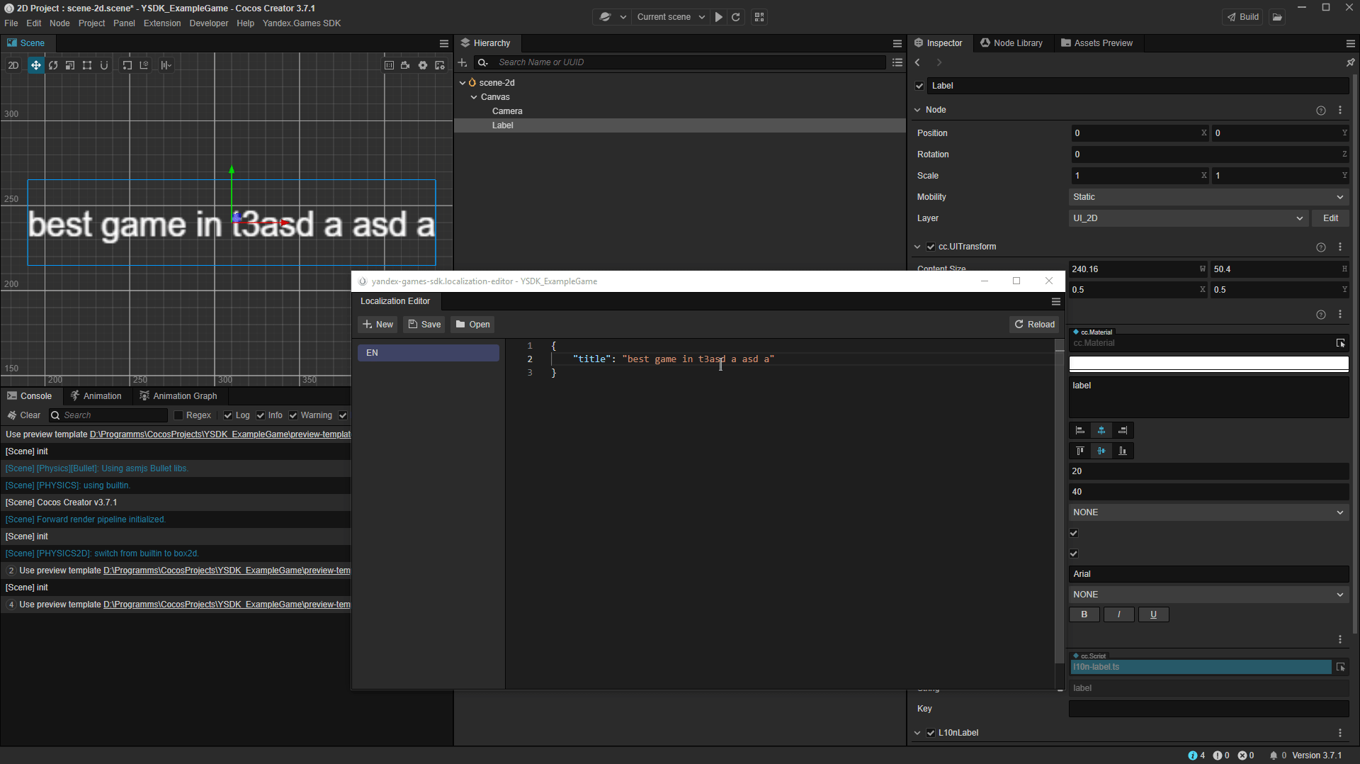 Видео настройки Cocos Creator: в окне «Localization Editor» (название окна написано голубым шрифтом) пользователь редактирует текст. Он меняет текст «"title": "best game in 3asd a asd a"» на «"title": "best game in the world 3"». Затем он нажимает кнопку с иконкой дискеты и текстом «Save» в левом верхнем углу окна «Localization Editor». Сразу после этого текст в окне «Scene» меняется с «best game in 3asd a asd a» на «best game in the world 3».