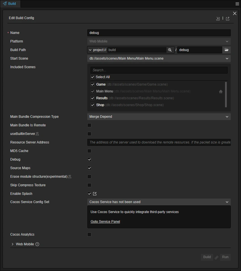 Скриншот Cocos Creator, окно «Build», всплывающее окно «Edit Build Config».
