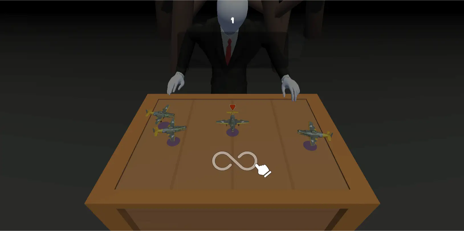 Скриншот игры: низкополигональная 3D-игра, перед игроком стоит коробка, на которой стоят четыре маленьких моделей самолетов. Над одним из самолетов висит небольшой красный треугольник-указатель. В нижней части экрана расположена небольшая подсказка по управлению персонажем: знак бесконечности и эмодзи пальца, указывающего на него. За коробкой находится полноразмерный персонаж в деловом костюме, за ним градиентный серый фон.