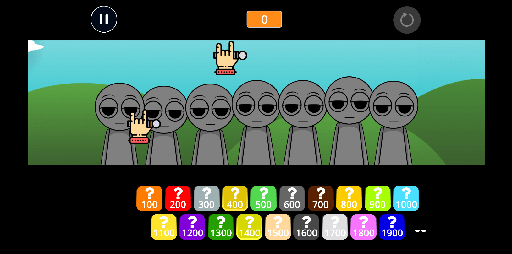 Скриншот 2D-игры: на черном фоне есть прямоугольник, внутри которого есть схематичный пейзаж и семь схематичных серых человек с безэмоциональными лицами. Поверх них расположены два одинаковых эмодзи удерживающей микрофон руки с оттопыренными указательным пальцем и мизинцем. Выше расположены кнопки сброса, паузы и счет, ниже в два ряда 19 разноцветных квадратов со скругленными углами. В каждой фигуре есть знак вопроса и разные числа: в первом квадрате 100, во втором 200, и в каждом прямоугольнике значение увеличивается на 100.