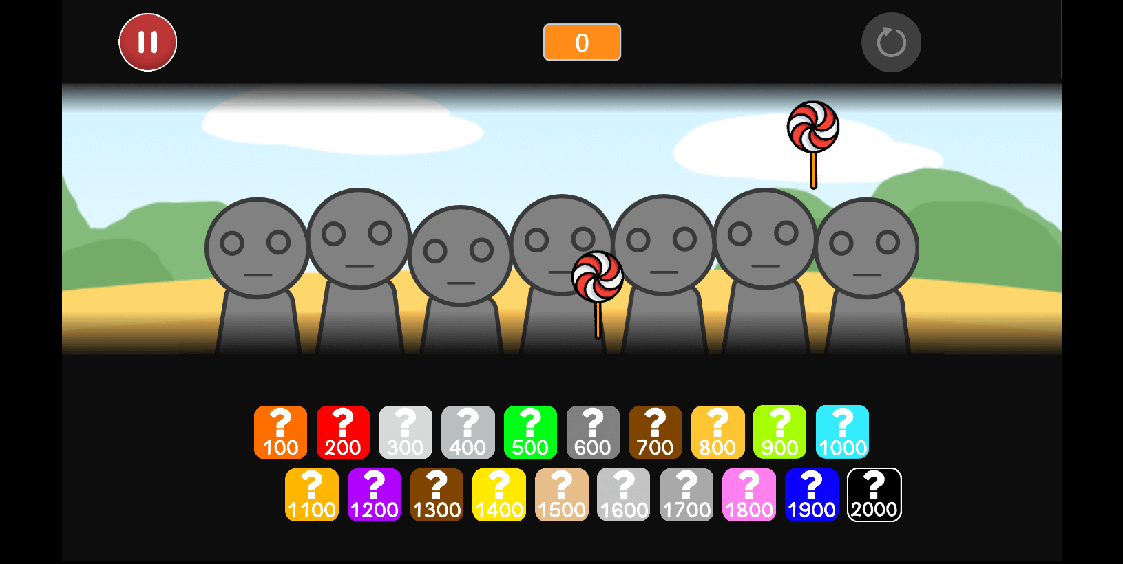 Скриншот 2D-игры: на черном фоне есть прямоугольник, внутри которого есть схематичный пейзаж и семь схематичных серых человек с безэмоциональными лицами. Поверх них расположены два одинаковых эмодзи леденцов. Выше расположены кнопки сброса, паузы и счет, ниже в два ряда 19 разноцветных квадратов со скругленными углами. В каждой фигуре есть знак вопроса и разные числа: в первом квадрате 100, во втором 200, и в каждом прямоугольнике значение увеличивается на 100.