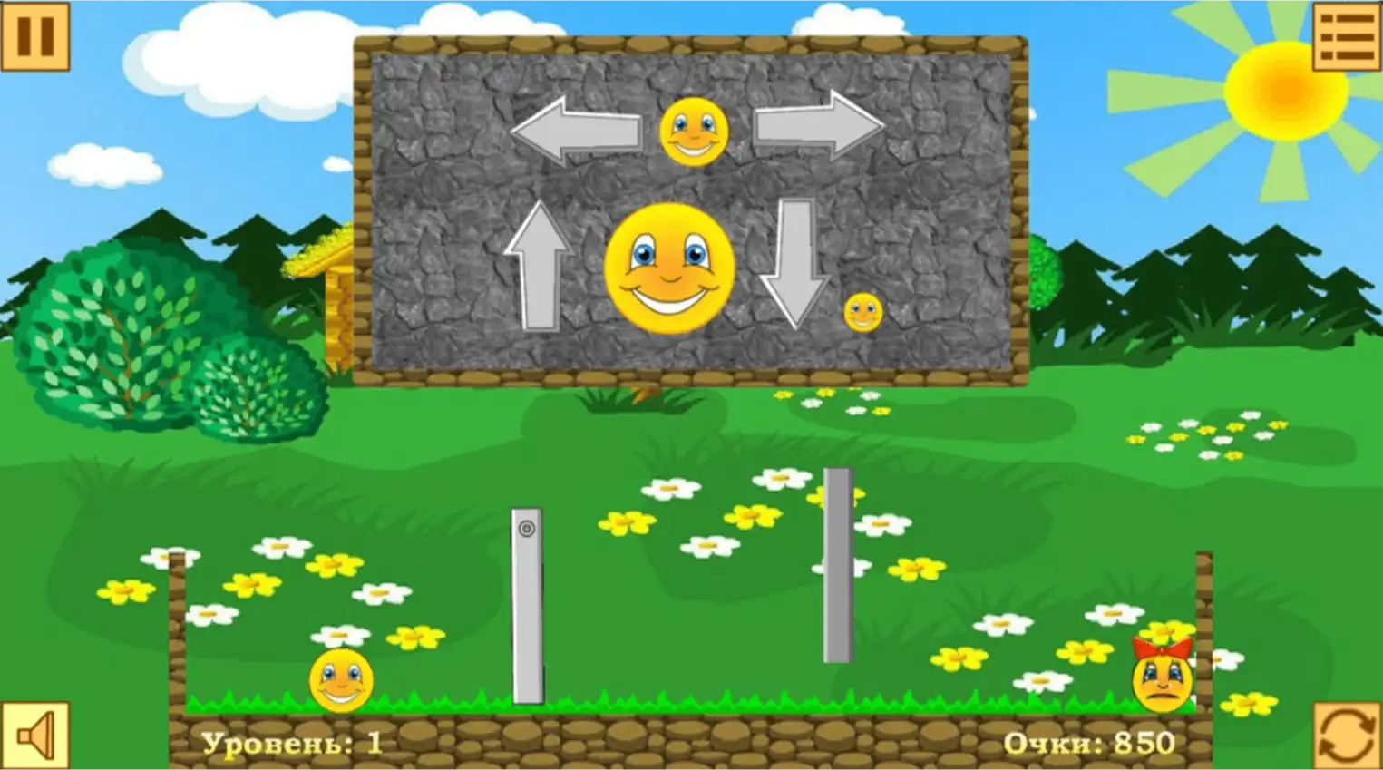 Скриншот 2D-игры: головоломка, на фоне мультяшная лужайка с кустами, избушкой и лесом на фоне. В центре экрана есть подсказка по управлению персонажем (желтым кругом с лицом): перемещение в стороны и изменение размера. Ниже — платформа с двумя персонажами в разных концах, их разделяют два прямоугольных препятствия. Ниже две надписи: «Уровень: 1» и «Очки: 850». В 4 углах расположено по одному элементу интерфейса: слева сверху и снизу иконка паузы и звука соответственно, справа сверху и снизу иконка с тремя линиями и иконка с двумя полукруглыми стрелками, указывающими друг на друга.