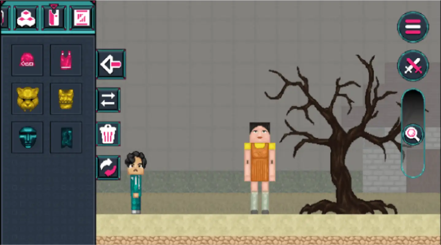 Скриншот 2D-игры: пиксельная игра, в центре стоят два персонажа, состоящих в основном из прямоугольников, и дерево. Фон состоит из нескольких видов квадратных блоков. В левой части экрана открыт инвентарь: сверху несколько вкладок, ниже два столбца с предметами. Чуть правее — 4 кнопки: стрелка влево, две горизонтальные стрелки, указывающие в разные стороны, урна, две полукруглые стрелки, указывающие друг на друга. В правой части экрана две круглые кнопки: одна с тремя горизонтальными линиями и вторая со схематичными перекрещенными мечами. Чуть ниже — вертикальная шкала с круглым ползунком с лупой внутри.