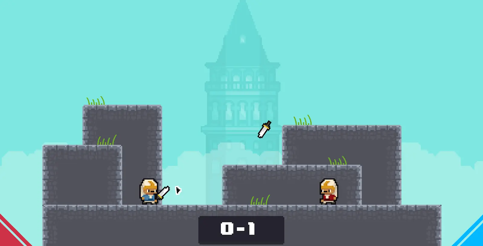 Скриншот 2D-игры: пиксельный батлер. На фоне голубые небо и башня, чуть ближе — большие серые прямоугольники и серая ровная поверхность. На переднем плане слева и справа расположены игровые персонажи с длинными белыми волосами в голубой и красной туниках соответственно. Персонаж слева держит в руках меч, сверху между персонажами расположен еще один меч. Счет внизу показывает «0-1».
