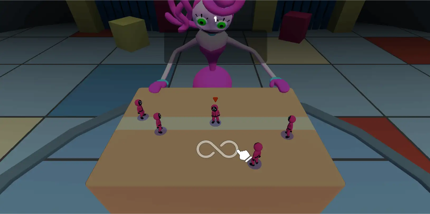 Скриншот игры: низкополигональная 3D-игра, в помещении с разноцветной плиткой на полу перед игроком стоит коробка, на которой стоят пять маленьких персонажей. Над одним из персонажей висит небольшой красный треугольник-указатель. В нижней части экрана расположена небольшая подсказка по управлению персонажем: знак бесконечности и эмодзи пальца, указывающего на него. За коробкой находится полноразмерный персонаж в розовом платье.