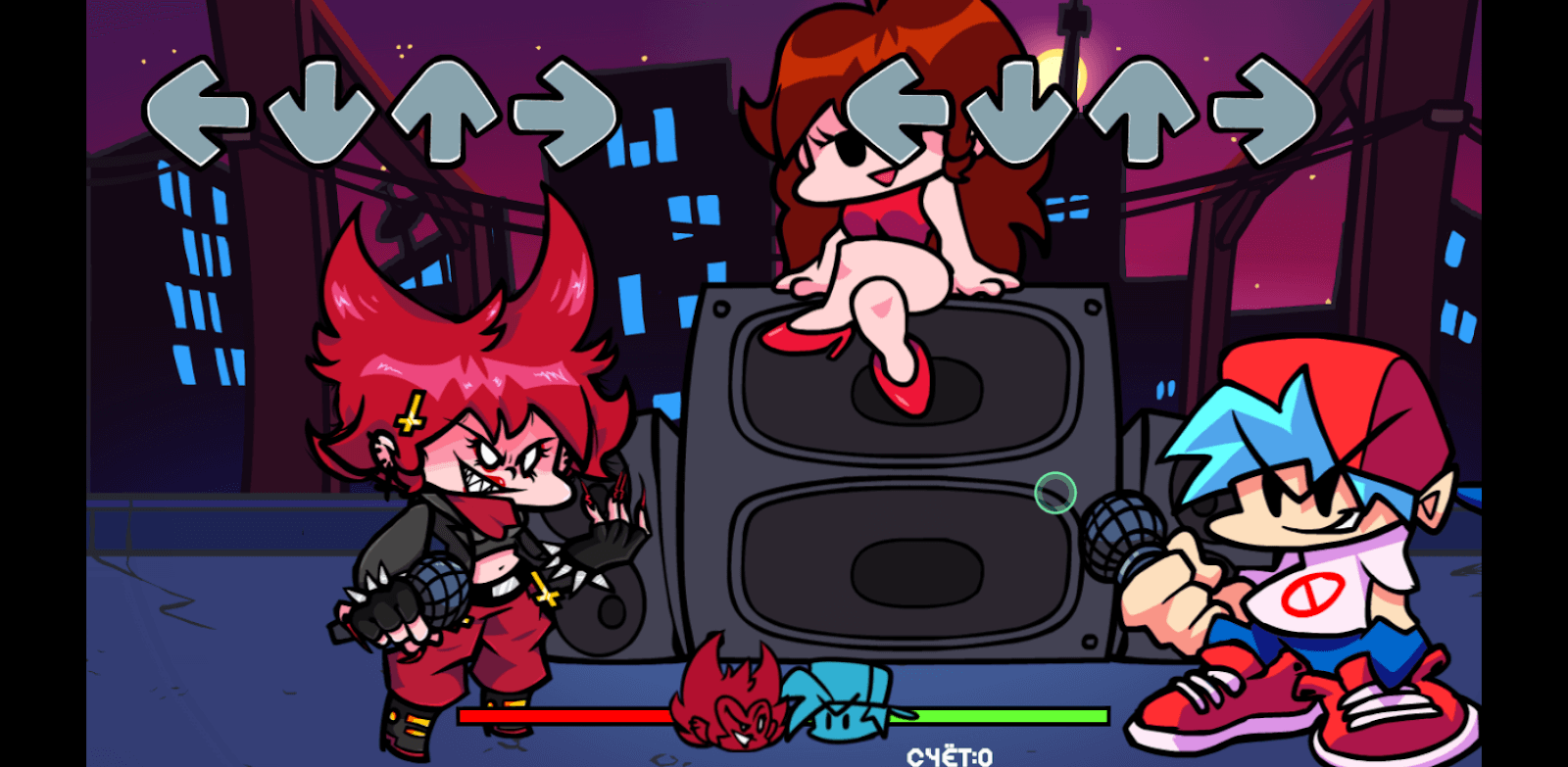 Скриншот 2D-игры: мультяшный танцевальный батлл. На фоне ночного города на аудио-колонках сидит девушка. Слева и справа от нее расположены игровые персонажи. Слева улыбающаяся красноволосая женщина в черной куртке, в перчатках без пальцев, в красных штанах и с микрофоном в руке. Справа парень с микрофоном, голубыми волосами красной кепкой, в белой футболке с красным перечеркнутым кругом, синих штанах и огромных красных кедах. В нижней части экрана расположена шкала, половина красная, половина — зеленая, в месте столкновения красная и голубая иконки в форме голов девушки и парня соответственно. В верхней части экрана над каждым игровым персонажем изображен ряд из 4 коротких серых стрелкок, которые указывают в разные стороны.