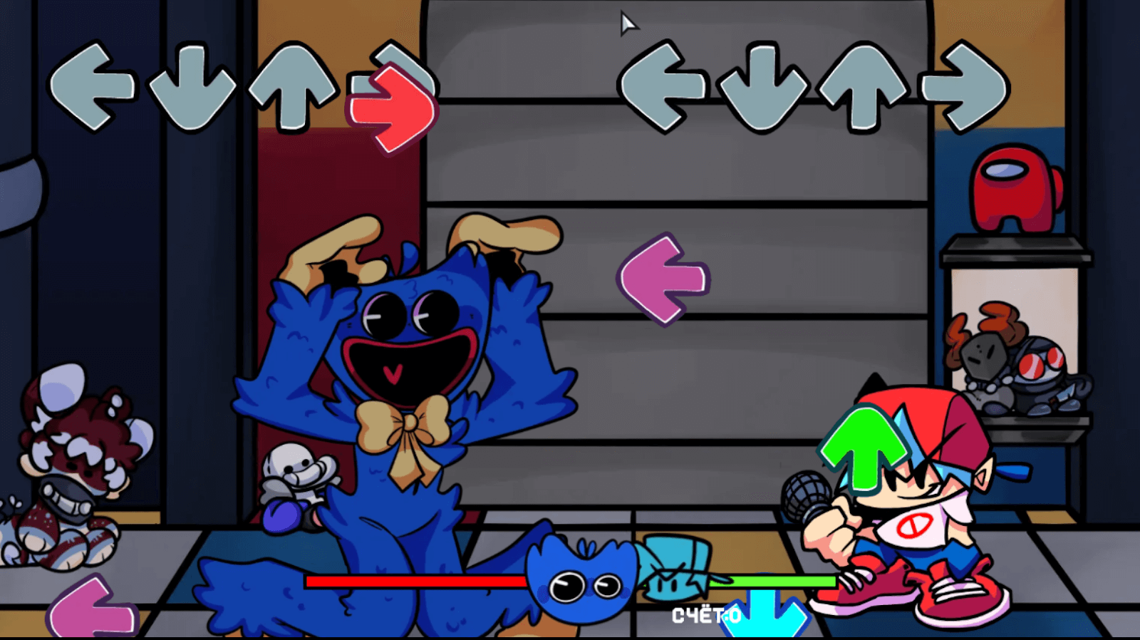 Скриншот 2D-игры: мультяшный танцевальный батлл. На фоне комната с игрушками. Слева и справа от нее расположены игровые персонажи. Слева улыбающийся синий Хагги Вагги. Справа парень с микрофоном, голубыми волосами красной кепкой, в белой футболке с красным перечеркнутым кругом, синих штанах и огромных красных кедах. В нижней части экрана расположена шкала, половина красная, половина — зеленая, в месте столкновения красная и голубая иконки в форме голов Хагги Вагги и парня соответственно. В верхней части экрана над каждым игровым персонажем изображен ряд из 4 коротких серых стрелкок, которые указывают в разные стороны. Несколько цветных стрелок расположены чуть ниже, каждая «выпадает» из-под стрелки такого же направления.
