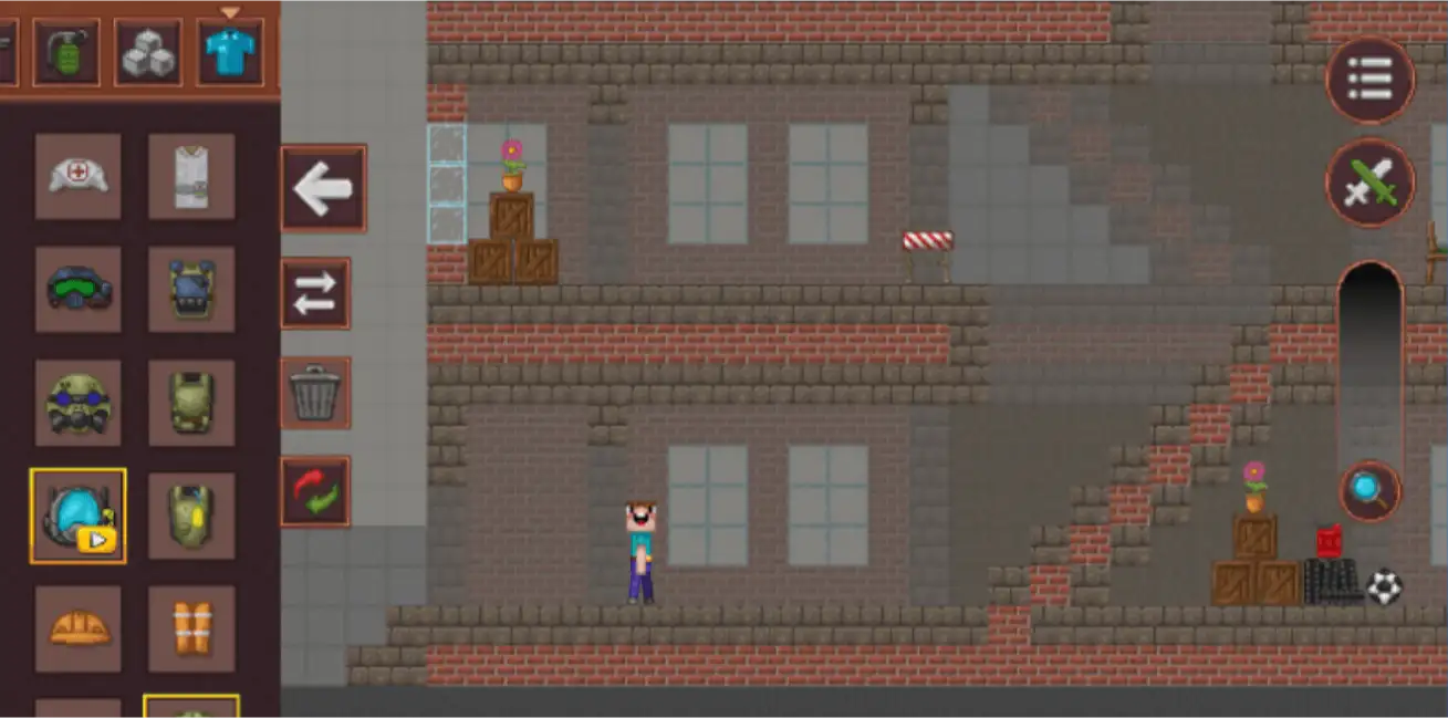 Скриншот 2D-игры: пиксельная игра, в центре стоит персонаж, состоящий в основном из прямоугольников. На фоне здание с несколькими преградами внутри, они состоят из нескольких видов квадратных блоков. В левой части экрана открыт инвентарь: сверху несколько вкладок, ниже два столбца с предметами. Чуть правее — 4 кнопки: стрелка влево, две горизонтальные стрелки, указывающие в разные стороны, урна, две полукруглые стрелки, указывающие друг на друга. В правой части экрана две круглые кнопки: одна с тремя горизонтальными линиями и вторая со схематичными перекрещенными мечами. Чуть ниже — вертикальная шкала с круглым ползунком с лупой внутри.
