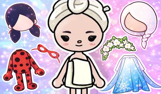 Creative from a dress-up game: a cartoon character in a towel.