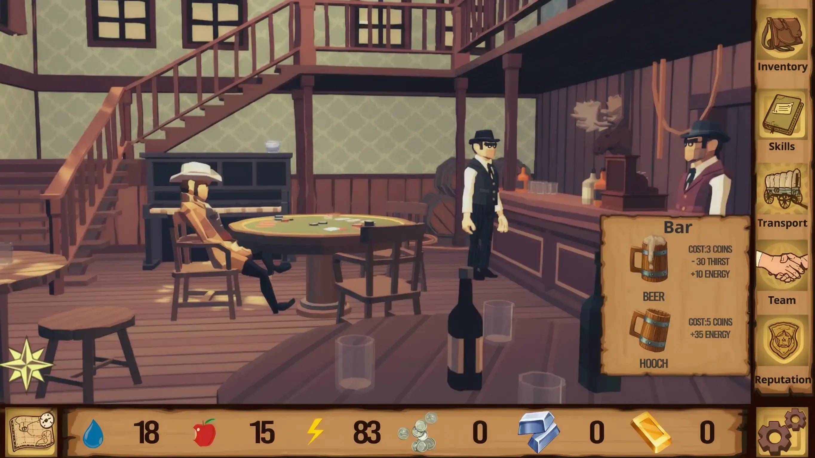 Game screenshot: a tavern with alcohol in the assortment.