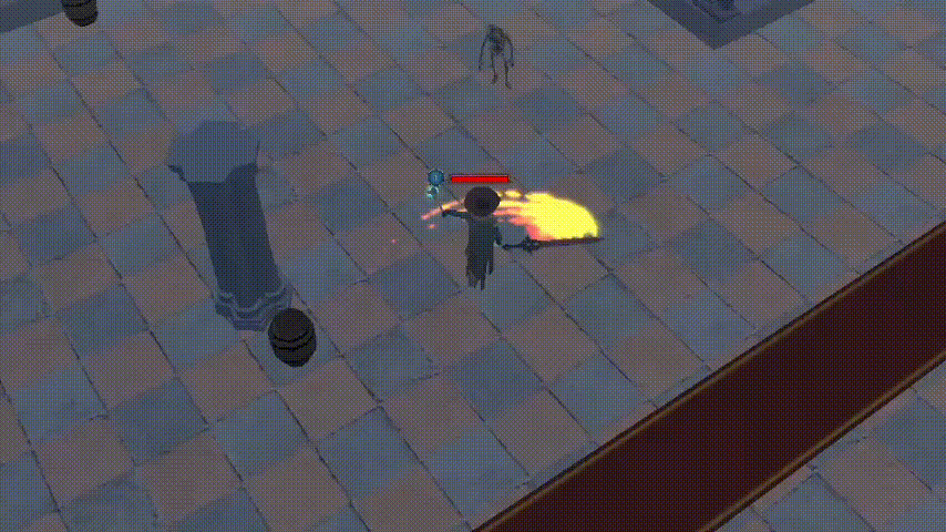 Game video: a fiery sword flies around the character. When it hits monsters, they fall and disappear; no wounds are visualized.