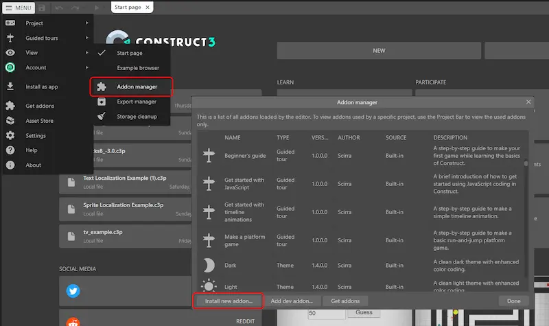 Скриншот Construct 3: нажата кнопка «MENU» → «View» → «Addon manager». Открыто всплывающее окно «Addon manager», в нем выделена кнопка «Install new addon...» в левом нижнем углу.