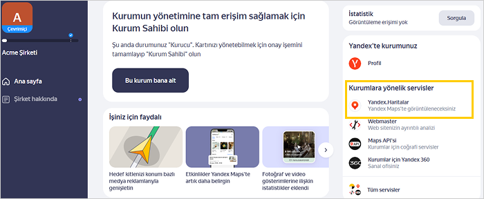 Ekran görüntüsü: Kurumlara yönelik servisler
