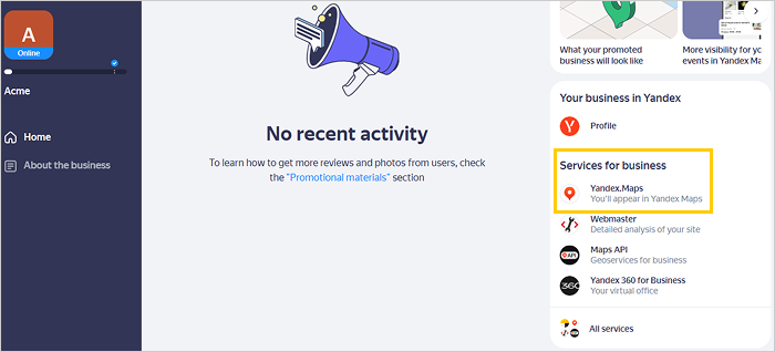 Screenshot — Services for business