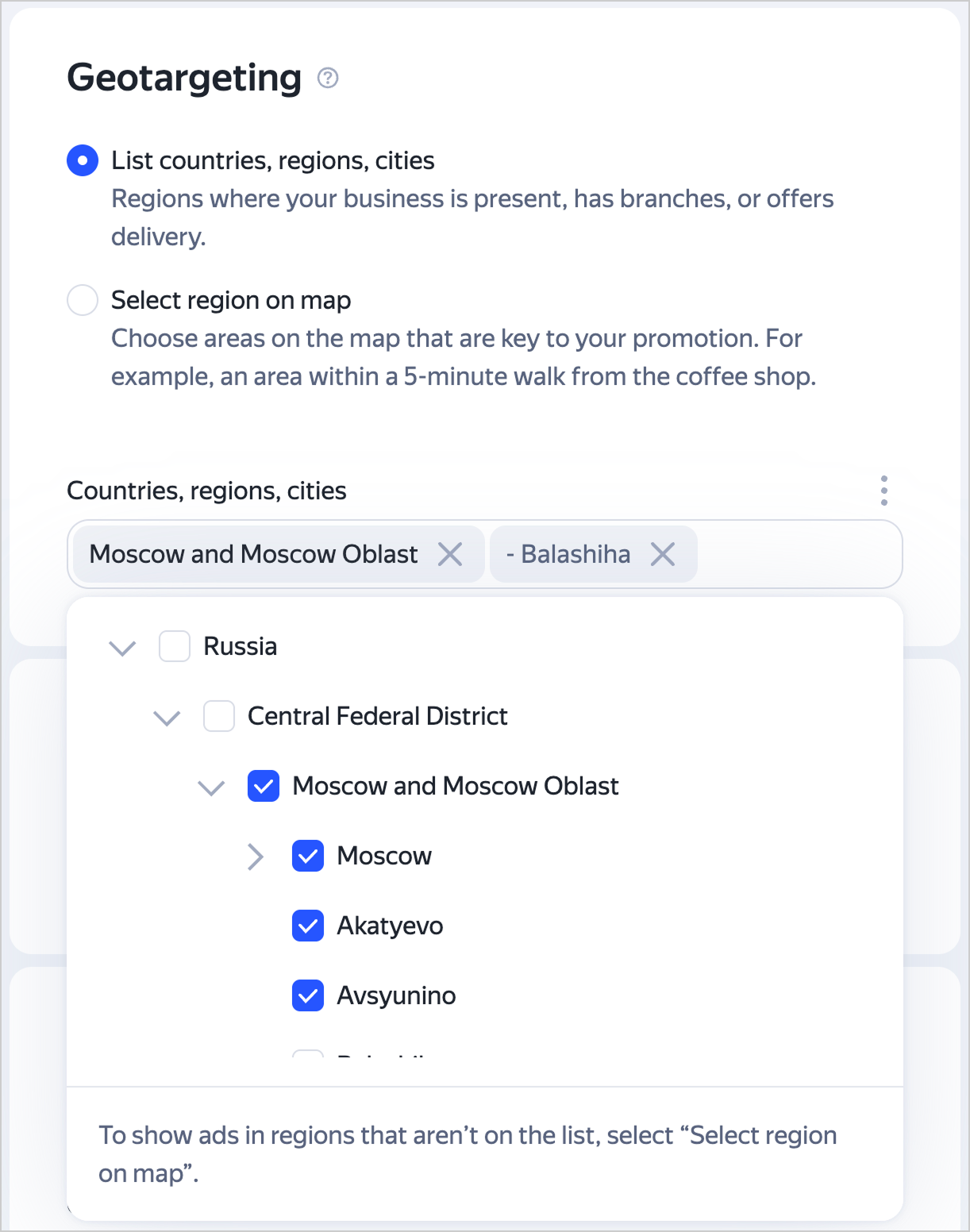 Geotargeting: selecting a region