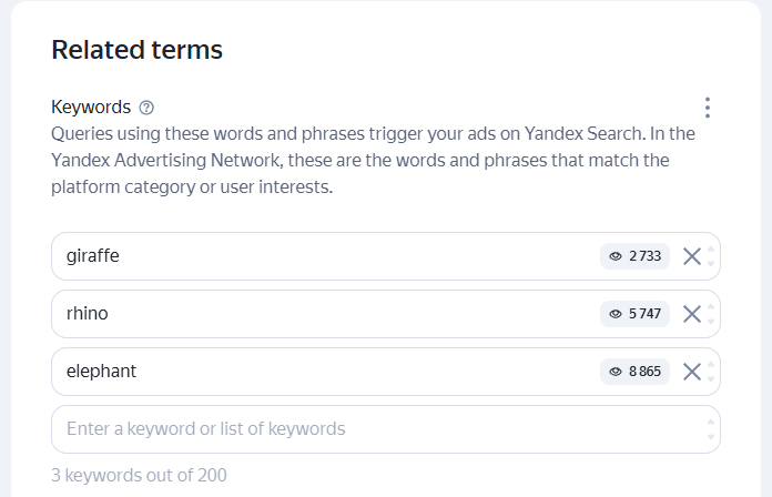 List of keywords for the template