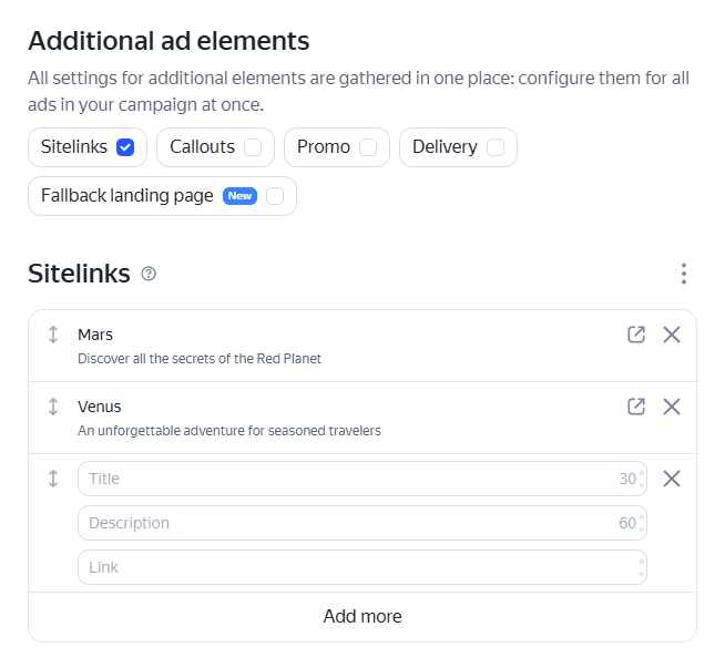 Section for adding sitelinks in the ad