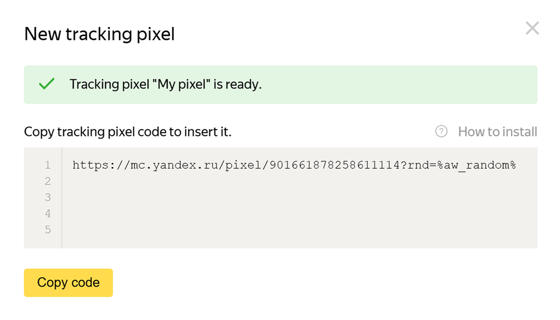 Window with the generated pixel code in Yandex Audience