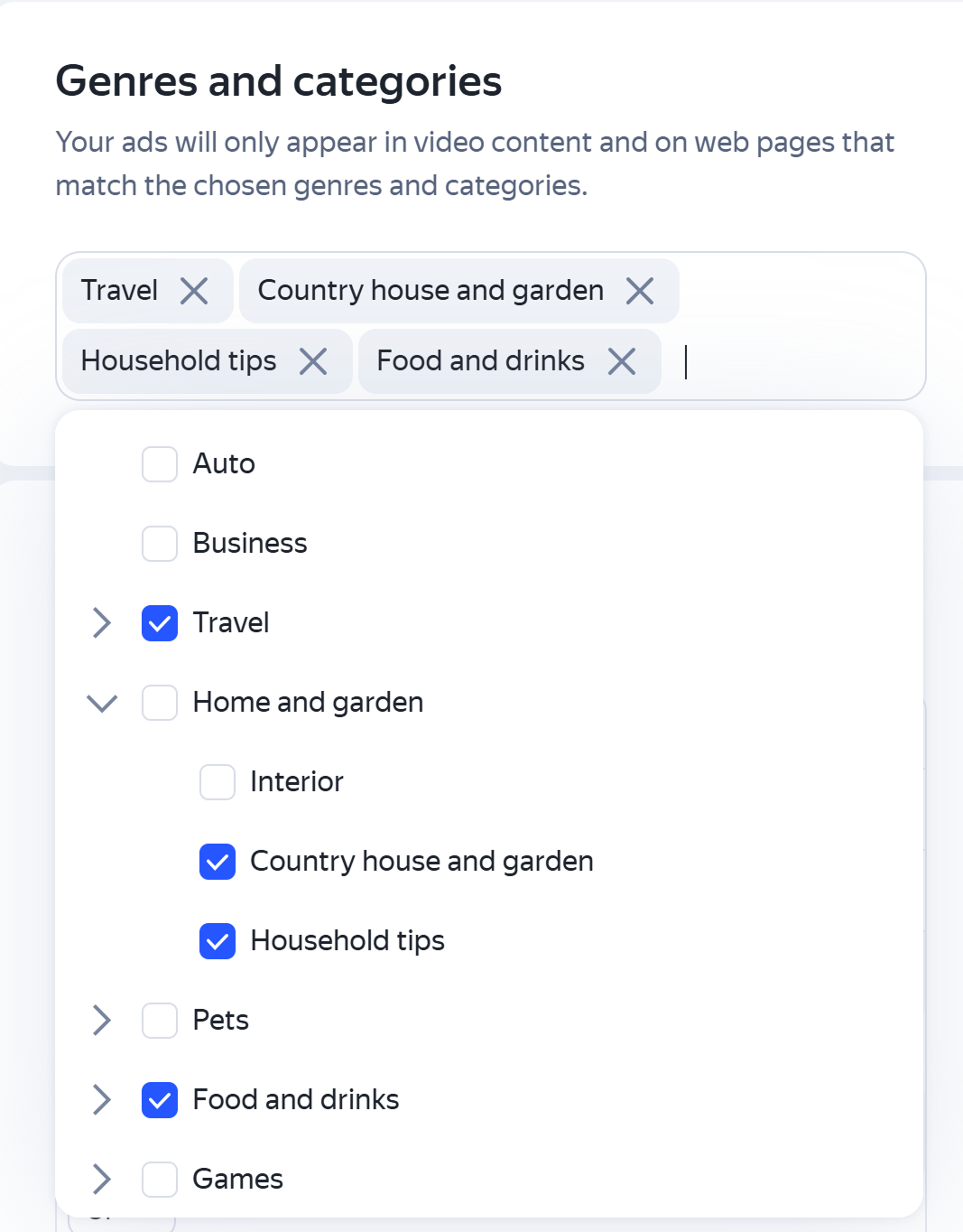 Selecting targeting criteria in the “Genres and topics” section