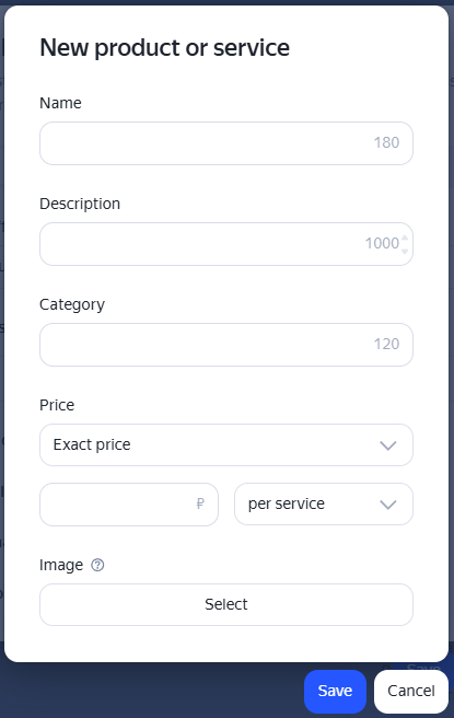 Window for adding a new product or service to the landing page