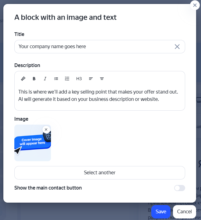 Window for editing the landing page cover and description