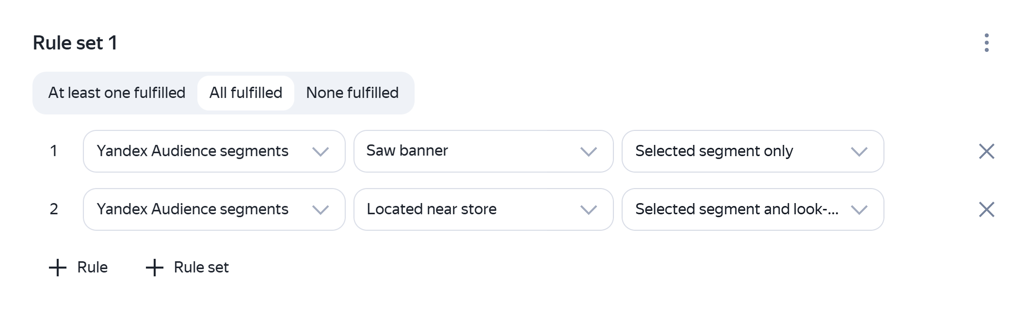 Combination of retargeting rules for a pixel segment and a geo segment with the “All conditions met” rule