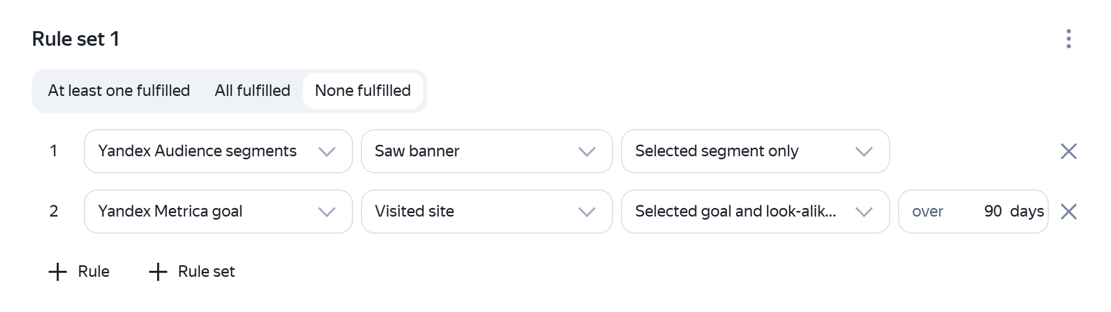 Configuring negative retargeting criteria with the “None met” rule to find a new audience