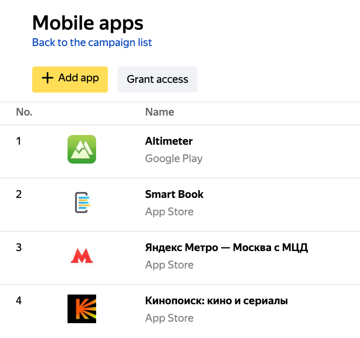 “Grant access” button in the “Mobile apps” section