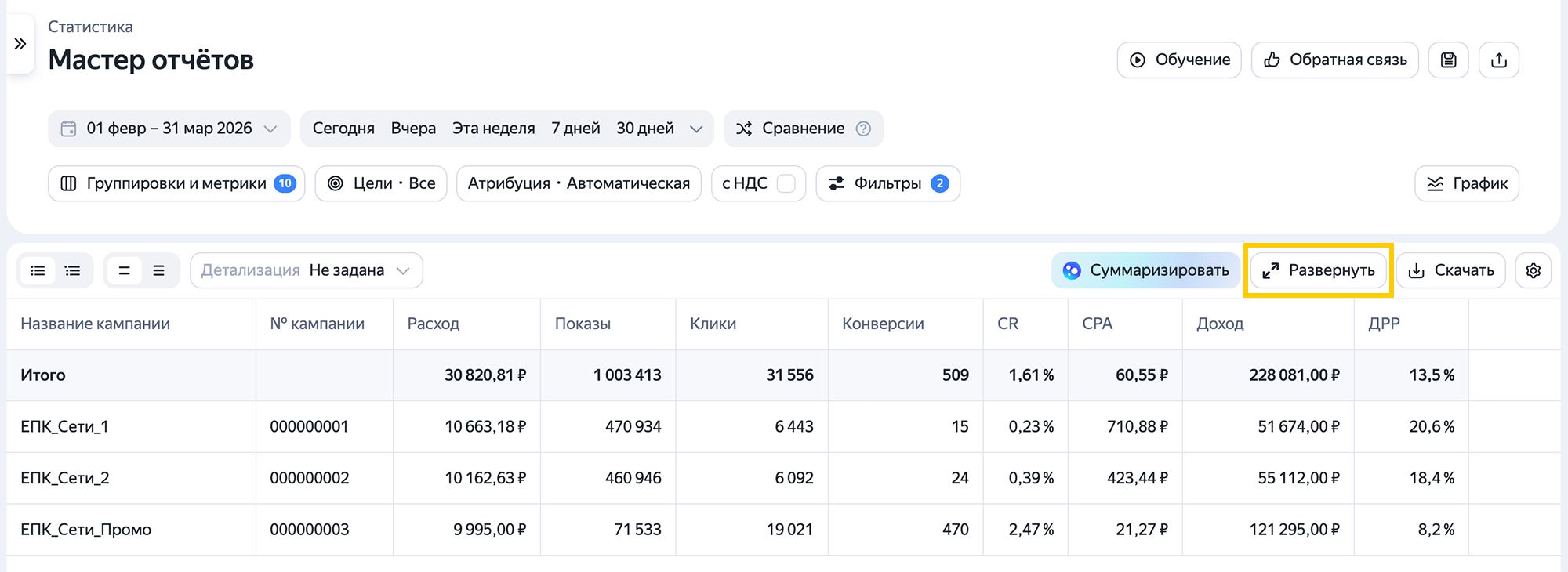 Развёрнутый вид таблицы отчёта