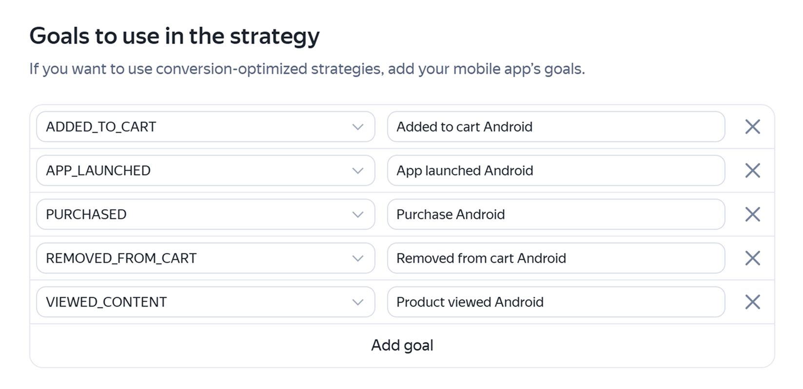 “Goals for use in strategy” section mapping tracker events to goal names