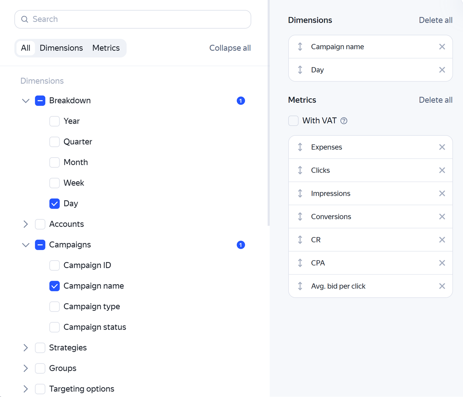 Configuring groupings and metrics in the Report Wizard