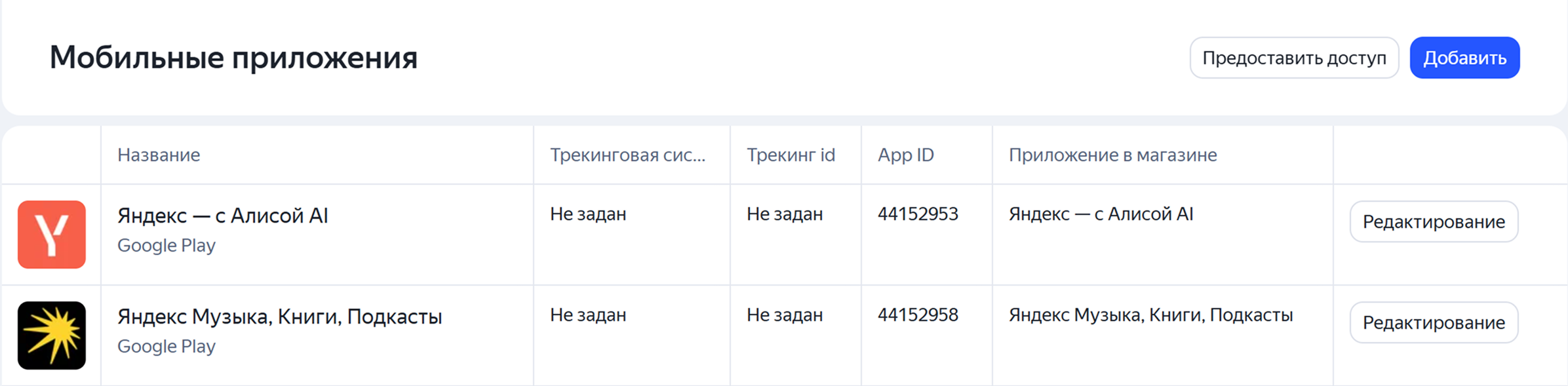 Список мобильных приложений с указанием App ID в Яндекс Директе