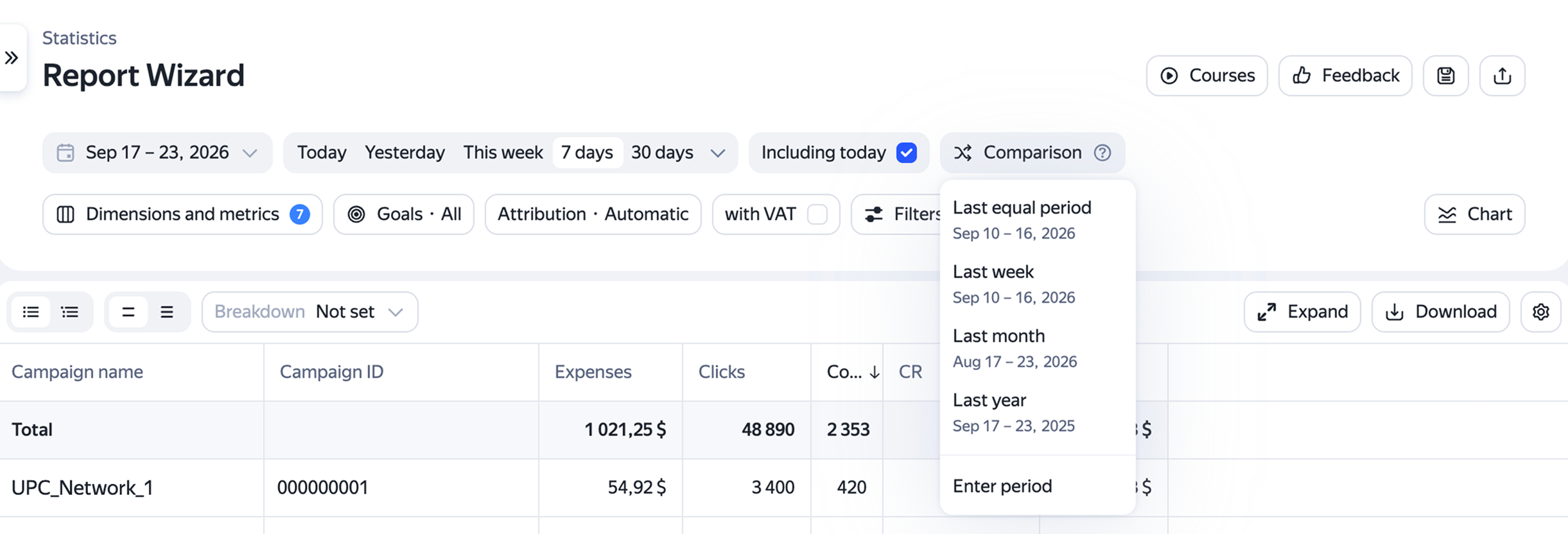 Selecting a period for comparing data in the Report Wizard
