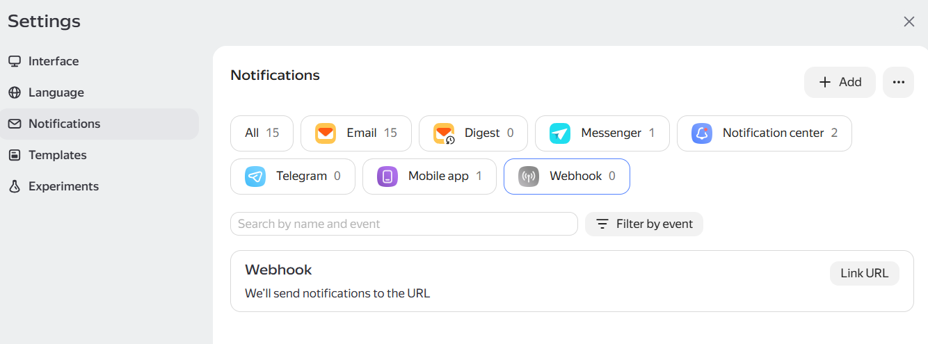 Webhook tab in notification settings