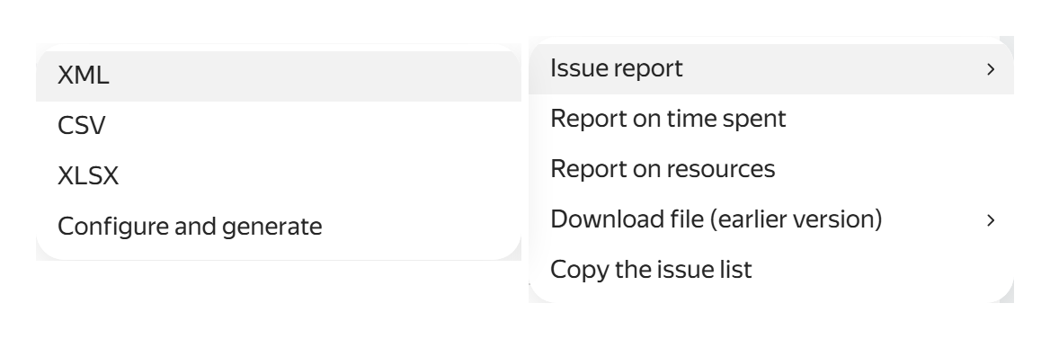 Issue report export menu