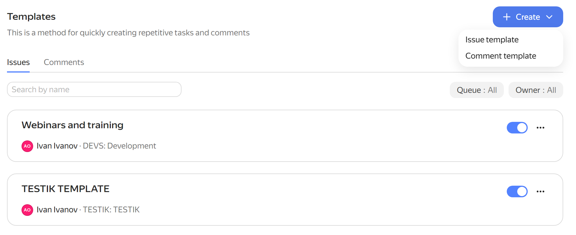 Template type menu