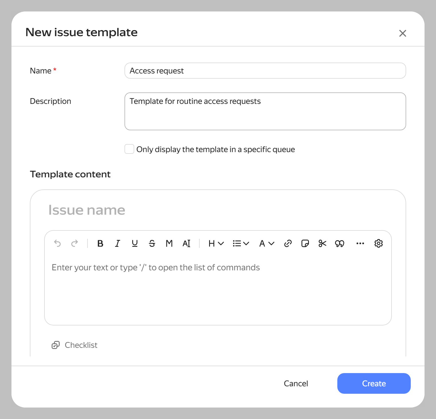 Issue template creation form