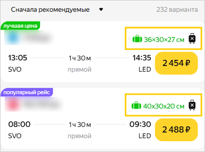 Скриншот карточки билета с информацией о багаже и ручной клади в мобильной версии сайта