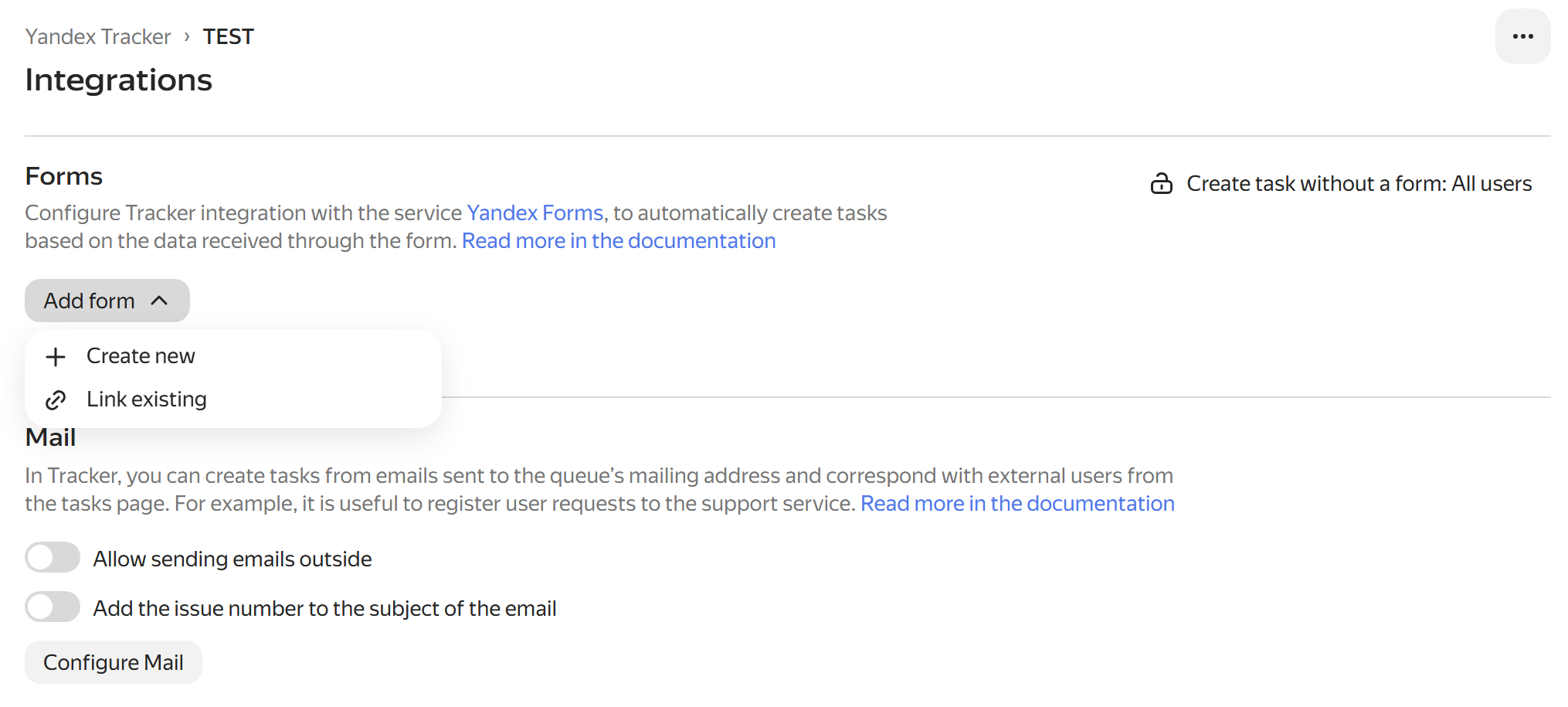 Menu for creating or linking a form