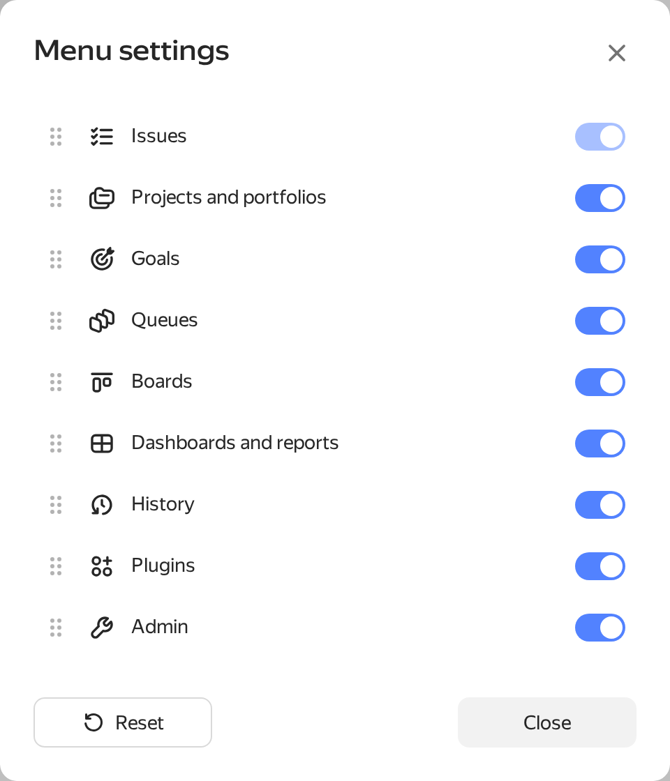 Menu settings dialog with section switches and drag handles
