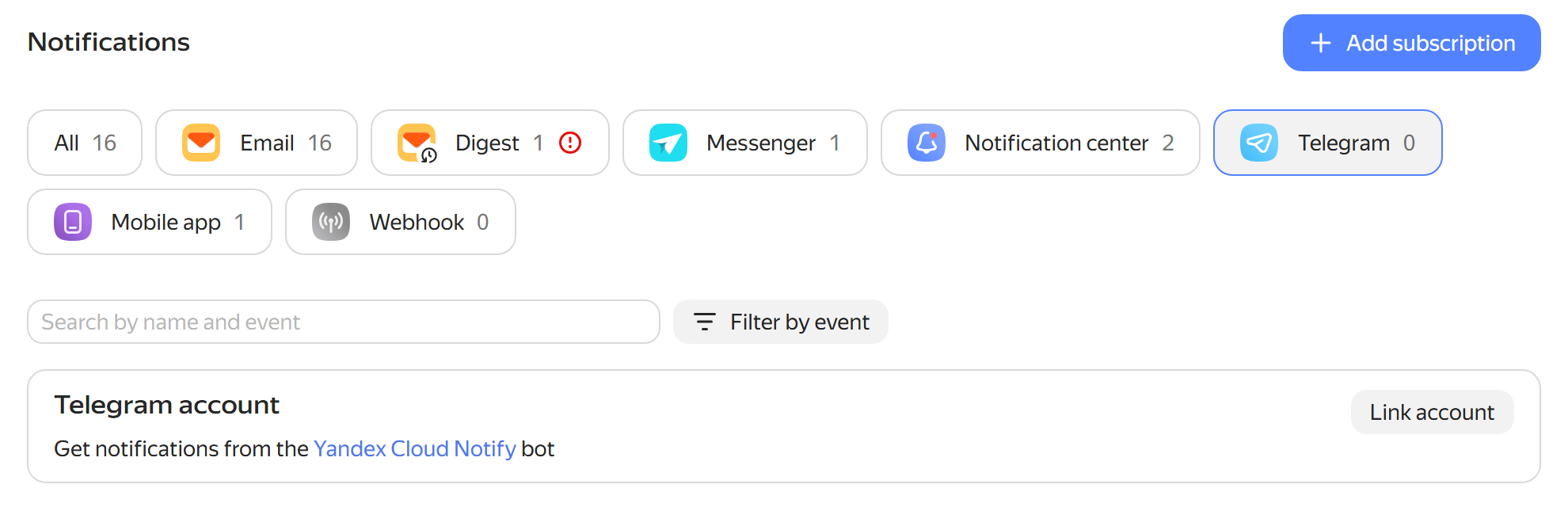 Telegram tab and Link account button