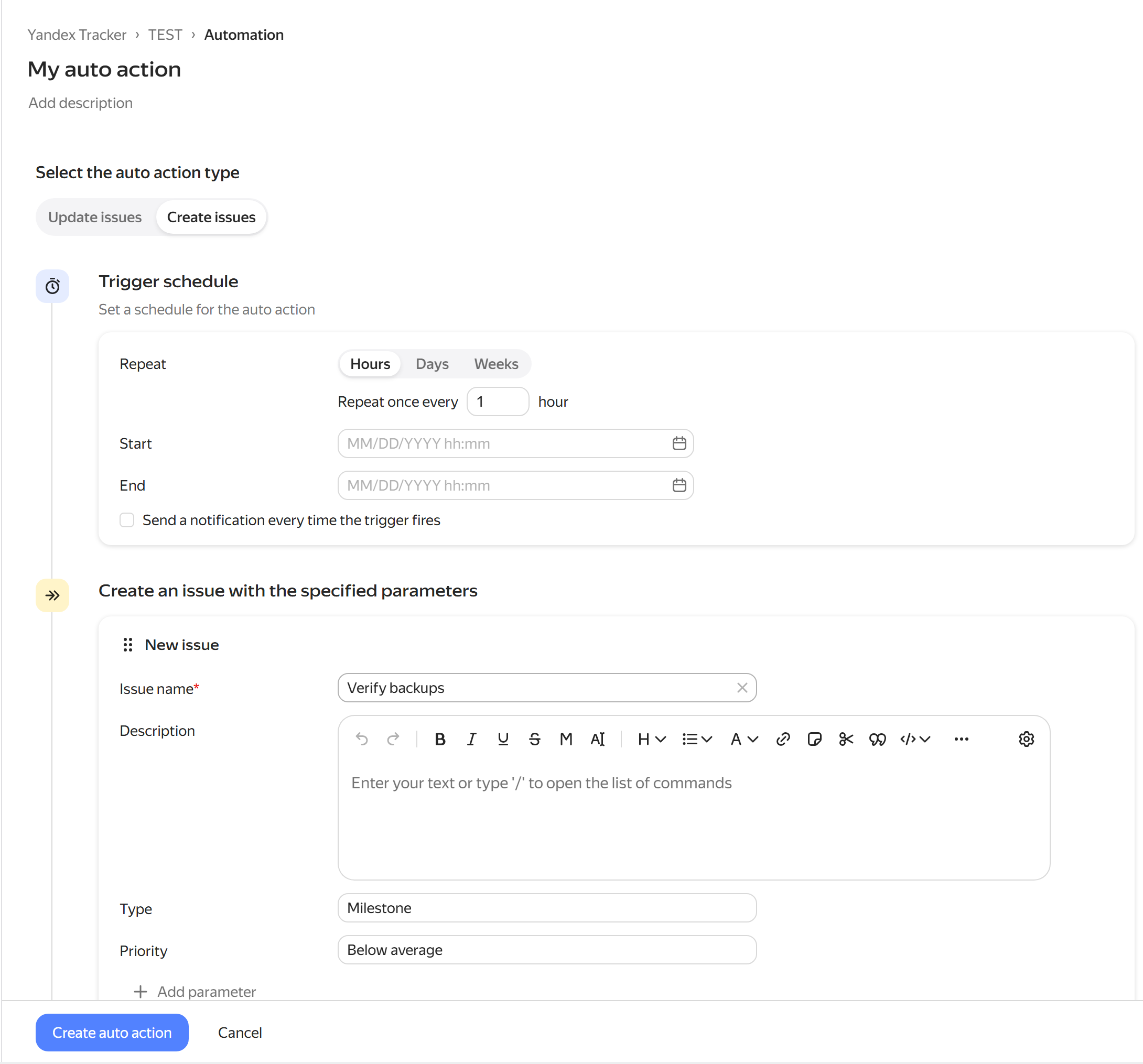 Automatic action for creating issues