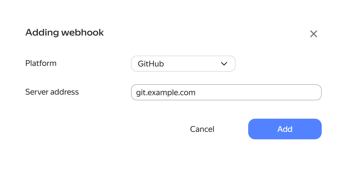Webhook creation form with platform and server address